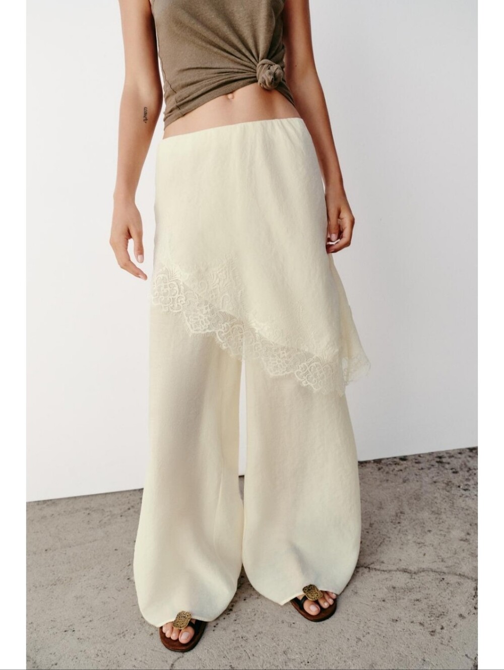 Zara Wide Leg Pareo Pants With Lace Cream NWT